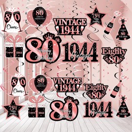 36PCS Rose Gold 80th Birthday Decorations Hanging Swirls for Women,Happy 80th Birthday Party Supplies Vintage 1944 Foil Swirls,Eighty Years Old Ceiling Hanging Decorations Party Decor