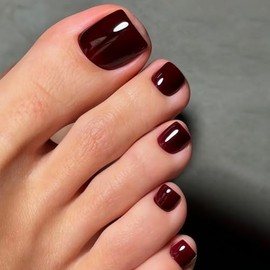 Uñas postizas cortas color burdeos para los pies, cuadradas, para mujer, con gel suave, adhesivas para uñas postizas, con kit de ajuste perfecto, cobe