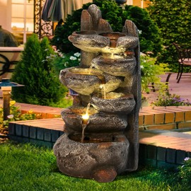 MAGIC UNION 6-Tier Cascading Rock Water Fountain, 27" H Outdoor Freestanding Rockery Fountain with LED Light and Pump, Outdoor Garden Waterfall Decor for Patio, Yard and Deck Decor, Natural Stone Look