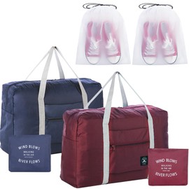 2PCS Travel Duffle Bags - Tote Carry on Bags (Nylon, Lightweight, Foldable, Water Resistant, Sports, Gym, Weekender, Overnight - Red, Blue, 2Pe)