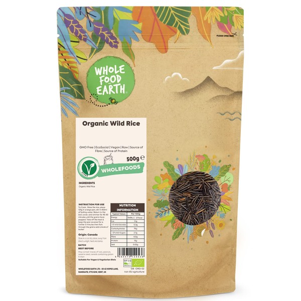 Wholefood Earth Organic Wild Rice 500g GMO Free | EcoSocial | Vegan | Raw | Source of Fibre | Source of Protein | Certified Organic