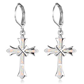 KristLand Weißgold überzogen Dame Tropfen Kreuz Ohrringe Weinlese Opal Haken Ohrringe für Frauen/Geschenkbox Weiße Opal