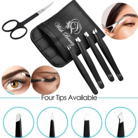 Wishbeauty Tweezers for Eyebrows - Professional Stainless Steel Slanted and Pointed Tip Hair Tweezers Set for Ingrown Hair, Blackhead Removal, Eyelash Extension, Eyebrows Plucking Beauty Tool