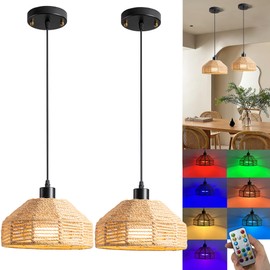 HIFCTRN Battery Operated Pendant Light Set of 2,Rechargeable Hanging Light 50 Hours Long Battery Life, RGB Color-Changing Chandelier Boho Woven Rattan Pendant Light Ideal for Indoor Lighting