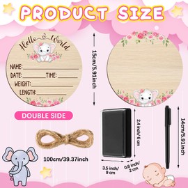 Thyle Baby Announcement Wooden Name Sign for Hospital Birth Double Sided Newborn Welcome Sign with Marker Pen and Ink Pad for Baby Shower Hand Footprints(Elephant)