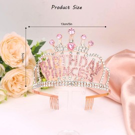 KIUEZIR Rose Gold Birthday Princess Tiara with Side Comb - Silver & Pink Rhinestone Crown for Women, Non-Slip Alloy Happy Birthday Headwear, Sparkly Hair Accessories for Parties & Photo Shoots