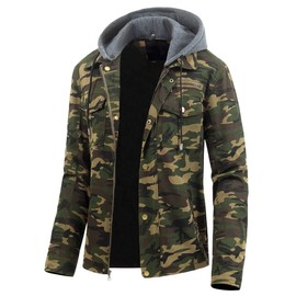Pursky Men's Camouflage Military Jacket Canvas Cotton Casual Field Jacket Outerwear With Removable Hood Camo XL