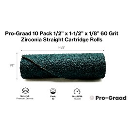 Pro-Graad 1/2” Diameter x 1-1/2” Length x 1/8” Pilot Hole 60 Grit Zirconia Straight/Untapered Cartridge Roll, 10 Pack, Includes 1x CR-9 Mandrel