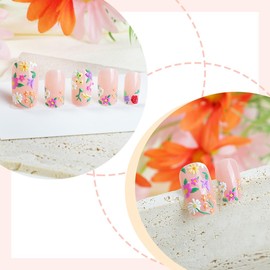 24 Pcs Pink Press on Nails Short Square WLGDLH Spring Summer Fake Nails Florad False Nails Press Ons With 3D Wildflowers Design Glossy Nail Tips Full Cover Acrylic Nail Kit for Women Manicure