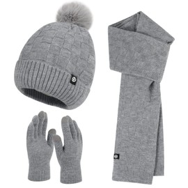 Geyanuo Winter Hat Gloves Scarf Set for Women Knitted Touchscreen Glove Long Scarves with Fleece Lined Skull Caps