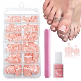 120PCS Fake Toe Nails Set - Short Square French False Toenails Kit - 12 Sizes Nude French Tip Stick On Toenails - Glossy Full Cover Acrylic False Toe Nails For Women Girls Nail Art DIY Gift
