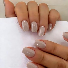 SXVME Uñas postizas cortas a presión, color gris claro, con pegamento, brillantes, sencillas, cuadradas, de gel suave natural, reutilizables, 30 unida