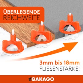 Gakago Gakago Fliesen Nivelliersystem 200 Gewindelaschen 3mm - Verlegehilfe fr ein perfektes Fugenbild - berlegende Reichweite fr Fliesenst?rken 3-18mm - Fliesenschutz durch Schon-Unterlegscheiben