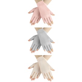 Senkary 3 Pairs Sun UV Protection Gloves Non Slip Cotton Fingerless Driving Gloves Cycling Biking Nail Manicure Gloves for Women (Khaki, Gray and Pink)