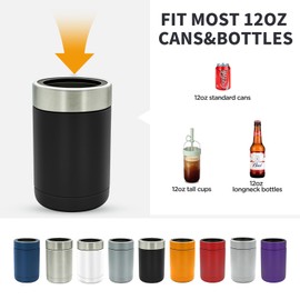 TAHOE TRAILS Stainless Steel 12oz Vacuum Insulated Can and Bottle cooler| Double Wall Can Cooler For Cans and Bottles | Copper Plated Can Chiller and Metal Cooler | Black
