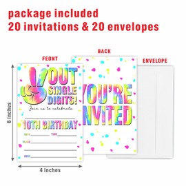 10th Confetti Birthday Invitations, Out Single Digits - Birthday Party Invite Cards（20 Count) With Envelopes, Fill In Style Invite Cards For Boys & Girls, Birthday Party Favor & Supplies-B32