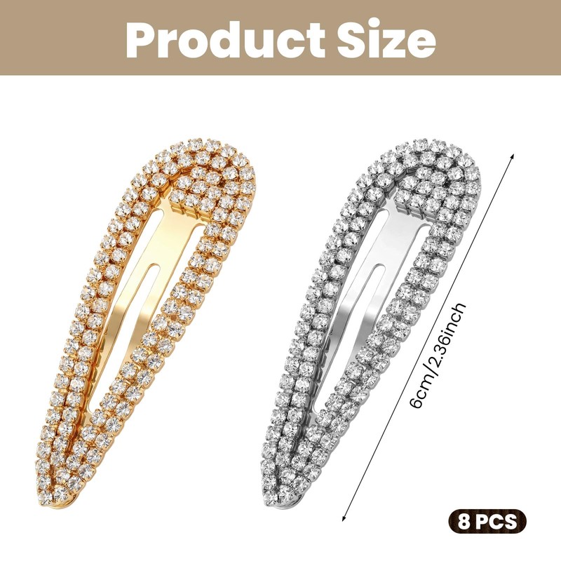 8Pcs Rhinestone Hair Clips, Crystal Hair Barrettes Bling Metal Snap