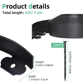 AggFencer 2" x 25' Landscape Edging, No Dig Garden Edging Kit with 23Pcs Spikes, Edging Border for Landscaping Flower Bed Garden Lawn Yard Grass Black