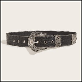 White Fang BT545 Women's Belt, Pin Belt, Silver, Antique Buckle, Retro, Fashionable Leather, Black