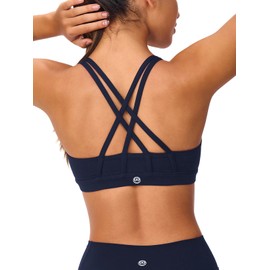 Omwilddo - brasier deportivo de tirantes para mujer, de compresión ligera, con espalda cruzada, acolchado, para entrenamiento, yoga, cuello en U, marino, L