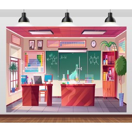 CORFOTO 6x4ft Fabric Chemistry Classroom Interior Backdrop Science Lab Backdrop Cartoon Chemistry Laboratory Chemical Experiments Background School Classroom Poster Banner Photo Prop
