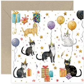 Cats Birthday Card for Women or Men - Party Cats Artwork Birthday Card for Family and Friends - Stylish Cat Themed Birthday Card for Pet Owner - Cat Lover Birthday Cards | Blank Inside