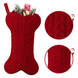 Malier Dog Christmas Stocking, Knit White Christmas Stocking for Dogs, Bone Shape Dog Stocking Christmas Large Pet Stockings Hanging Dog Christmas Stocking for Dogs Cats Pets (Red)