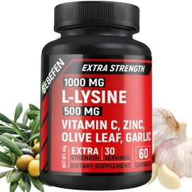 L-Lysine 1,000mg Capsules + Olive Leaf 200mg + Garlic Bulb 100mg with Vitamin C and Zinc | Free Form Amino Acids, L Lysine Complex | 60 Count