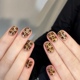 Press on Nails Short Leopard Print Cat Eye False Nails Glossy Bling Fake Nail Tips Artificial Manicure for Women and Girls – 30pcs with Glue Kit (Leopard Print Cat Eye)