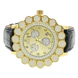 ICE HOUSE 18K Yellow Gold Tone Pave Flower Cluster Bezel Real Diamond Analog W/Date Watch