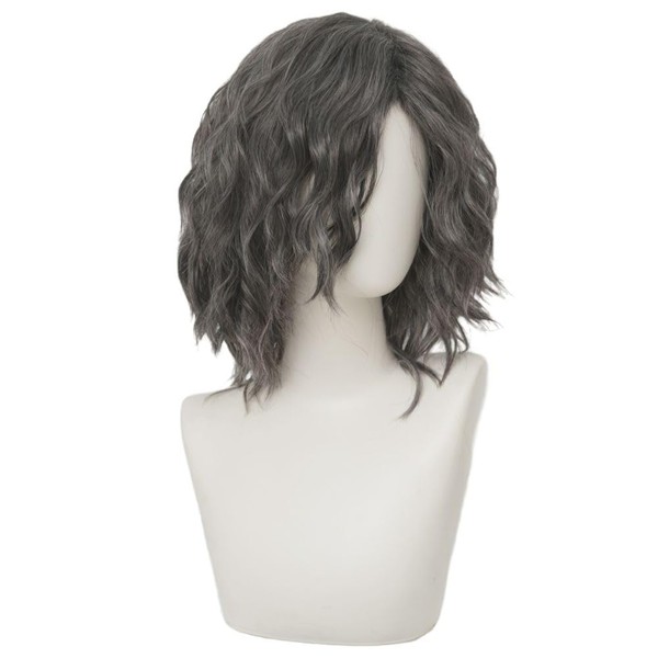 Siudus Men's Grey Short Curly Wig Shoulder Length Anime Hair