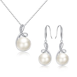 Clearine Freshwater Pearl Jewellery Set 925 Sterling Silver Pearl Cubic Zirconia Pendant Necklace and Dangle Hook Earrings Set for Wedding Bridal Party, Pearl Cubic Zirconia Pearl, Cubic Zirconia