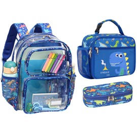Bagseri 3pcs Clear Backpack for Boys - 15 Inch Backpack and Lunch Bag and Pencil Case Set, Heavy Duty Transparent Bookbag for School, See Through Bag for Kids Aged 3 to 8, Blue Dinosaur