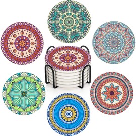 Bribay Coaster for Drinks Set of 6, Moroccan Boho Mandala Colorful Pink Absorbent Round Ceramic Stone Mat, with Cork Base and Metal Holder, Gift for Housewarming Room Bar Decor