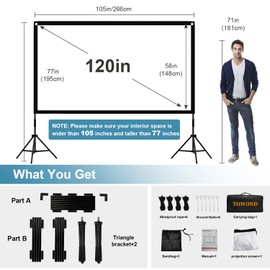 TOWOND Projector Screen and Stand, Towond 120 inch Portable Movie Screen Indoor Outdoor 16:9 4K HD Front Rear Projection Screen with Carry Bag Wrinkle-Free and Foldable Design for Home Theater