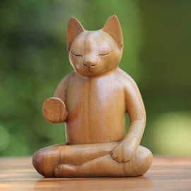 NOVICA Brown Animal Themed Wood Sculpture, 6" Tall 'Blessing Cat'