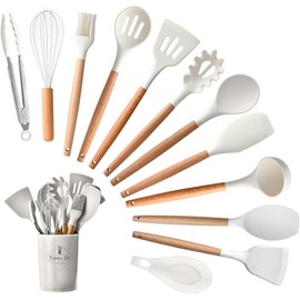Juego de Utensilios de Cocina de Silicona Utensilios: Herramientas de Cocina de Madera Silicona - Antiadherentes - Resistentes al calor con Espátula/Batidor/Cuchara/Soporte(Blanco)