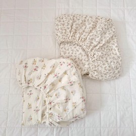 BuLuTu Muslin Pack N Play Mattress Sheets 38"x26", 2 Pack Mini Crib Fitted Sheets for Girls Boys, 100% Cotton Soft Breathable Baby Mattress Sheet 360° Mattress Wrapping, Camellia & Azalea