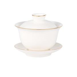 Urban Tokyo Gaiwan Teacup Kung Fu Tea Set Cup and Saucer With Lid 5 fl oz Traditional Porcelain Gongfu Tea Set (Jade White Gold Trim)