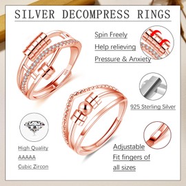 Josfeva Silver 925 Anxiety Rings, 2 Pieces 925 Sterling Silver Anti-Stress Rings Set, Open Adjustable Anxiety Ring, Spinner Fidget Partner Rings with Beads, Unisex Decompression Rings for Anxiety