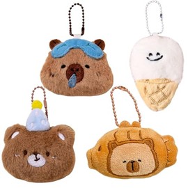 ELVRLA 4Pcs/Set Cute Tiyaki Cat/Yellow Star/Capybara/Brown Bear/Icecream Keychain Soft Plush Key Chain Ring Bag Charm Pendant -Bear