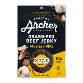 Zero Sugar Mustard BBQ Beef Jerky by Country Archer, 100% Grass-Fed Beef, High Protein Snacks, 2 Ounce, 6 Pack