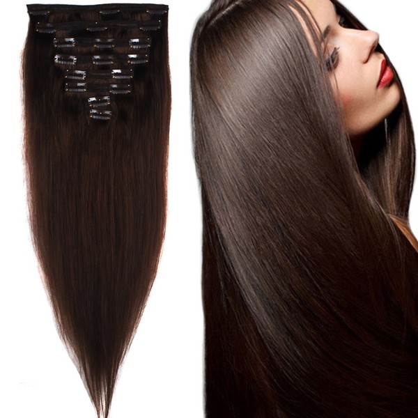 FIRSTLIKE 140g 18" Dark Brown 100% Clip In Remy Human Hair Extensions Unprocessed Thick Double Weft Full Head Soft Long Straight 8 Pieces 18 Clips