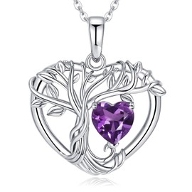 LOCIBLO Tree of Life Necklaces for Women 925 Sterling Silver Heart Pendant White Gold Purple Synthetic Amethyst Necklace February Birthstone Jewellery for Her, 18"+2"