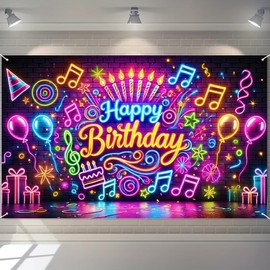 Neon Music Birthday Party Background Cloth Theme Birthday Backdrop Lantern Effect Banner Birthday Background Party Decoration