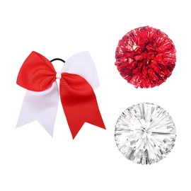 JIHUOO 2 Pcs Metallic Foil Pom Poms Cheerleading Pom Poms Team Spirit Pom Poms Sports Fan Pom Poms with Cheerleading Hair Bows Cheerleader Costume Accessories Red and White