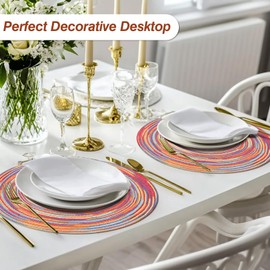 HEYOMART Round Placemats and Coasters Set of 6, 34cm Braided Woven Place Mats Washable Table Mats and Coasters Sets Heat Resistant Table Mats for Kitchen Dining Table Home Restaurant, Rainbow Red