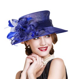 HIMESPORT Sinamay Bowler Fascinators Derby Hats for Women Ladies Flower Feather Wedding Bridal Pillbox Tea Party Dress Fedora Hat Royal Blue
