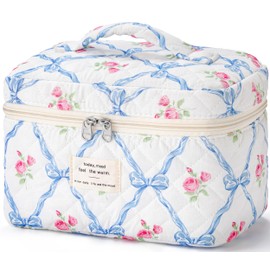 HBselect Quilted Makeup Bag, Cotton Large Travel Makeup Bag, Cute Floral Coquette Cosmetic Bags Toiletry Bags for Women Girls (Blue Bow-N)