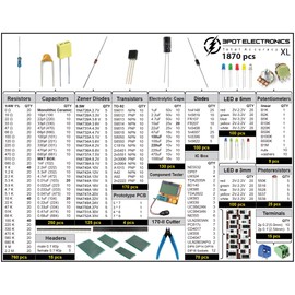 XL Electronic Component Kit Assortment, Capacitors, Resistors, LED, Transistors, Diodes, Zener, Potentiometers, Cutter, LCR-T4 Component Tester, IC Box, 1870 pcs